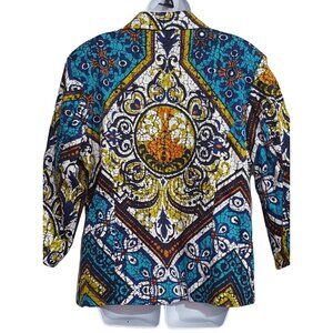 Chico's Womens Jacket Size 3 US XL Blue Print Cotton Frog Closure